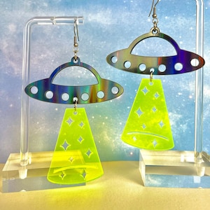 UFO Alien Beam Earrings/ Rave Festival Earrings/ Spaceship Neon Earring/ Weird Earrings/ Extraterrestrial Earrings