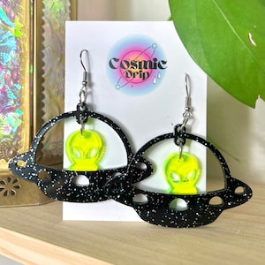 UFO Alien Earrings/ Black Glitter/ Rave Festival Earrings/ Spaceship Neon Earring/ Extraterrestrial Earrings/ Weird Earrings