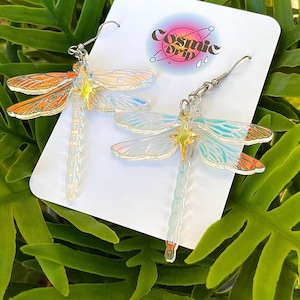 Iridescent Dragonfly Wing Earrings: Handmade Acrylic Dangle Jewelry