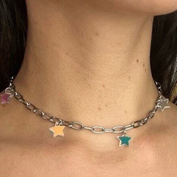 Iridescent Star Choker, Space Celestial Jewelry, Silver Star Necklace, Stainless Steel Necklace, Dainty Charm Choker