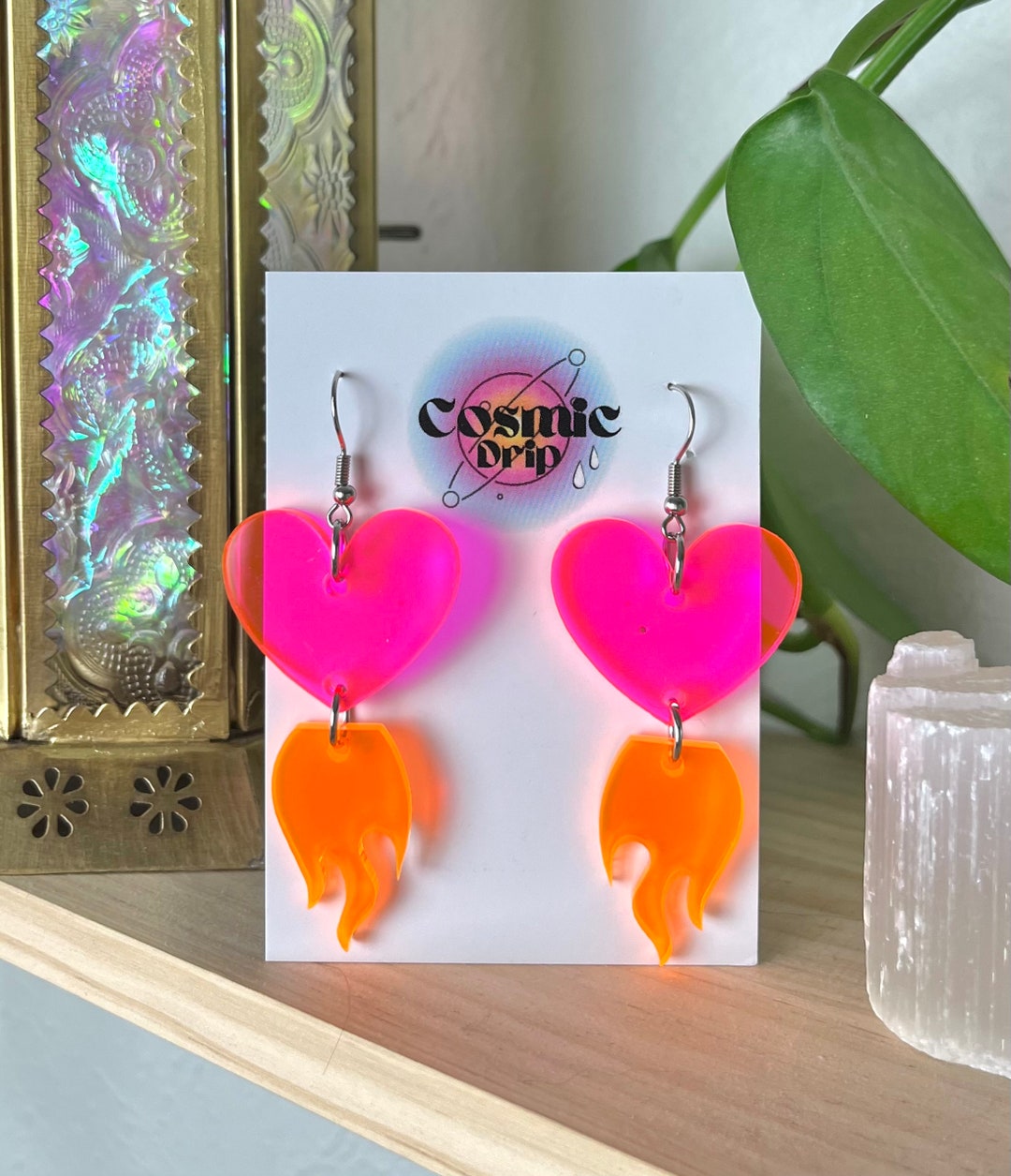 Heart Flames Earrings/ Rave Earrings/ Orange and Pink Earrings/ Unique ...