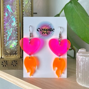 Heart Flames Earrings/ Rave Earrings/ Orange and Pink Earrings/ Unique Earrings/ Valentines Day Accessories/ Concert Earrings