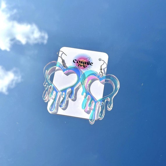 Melting Heart Earrings: Iridescent Acrylic Rave Accessories