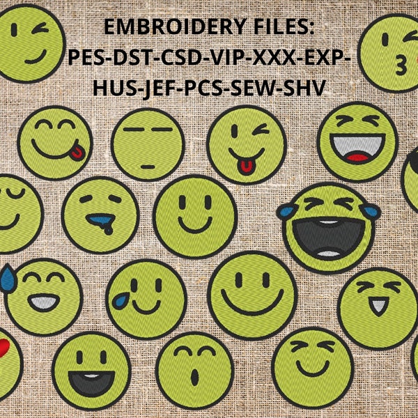 EMBROIDERY Files Bundle EMOTICON EMOJI faccine sorridenti Smiles, macchine da ricamo e cucito pes-dst-csd-exp-vip-xxx-hus-jef-pcs-sew-shv