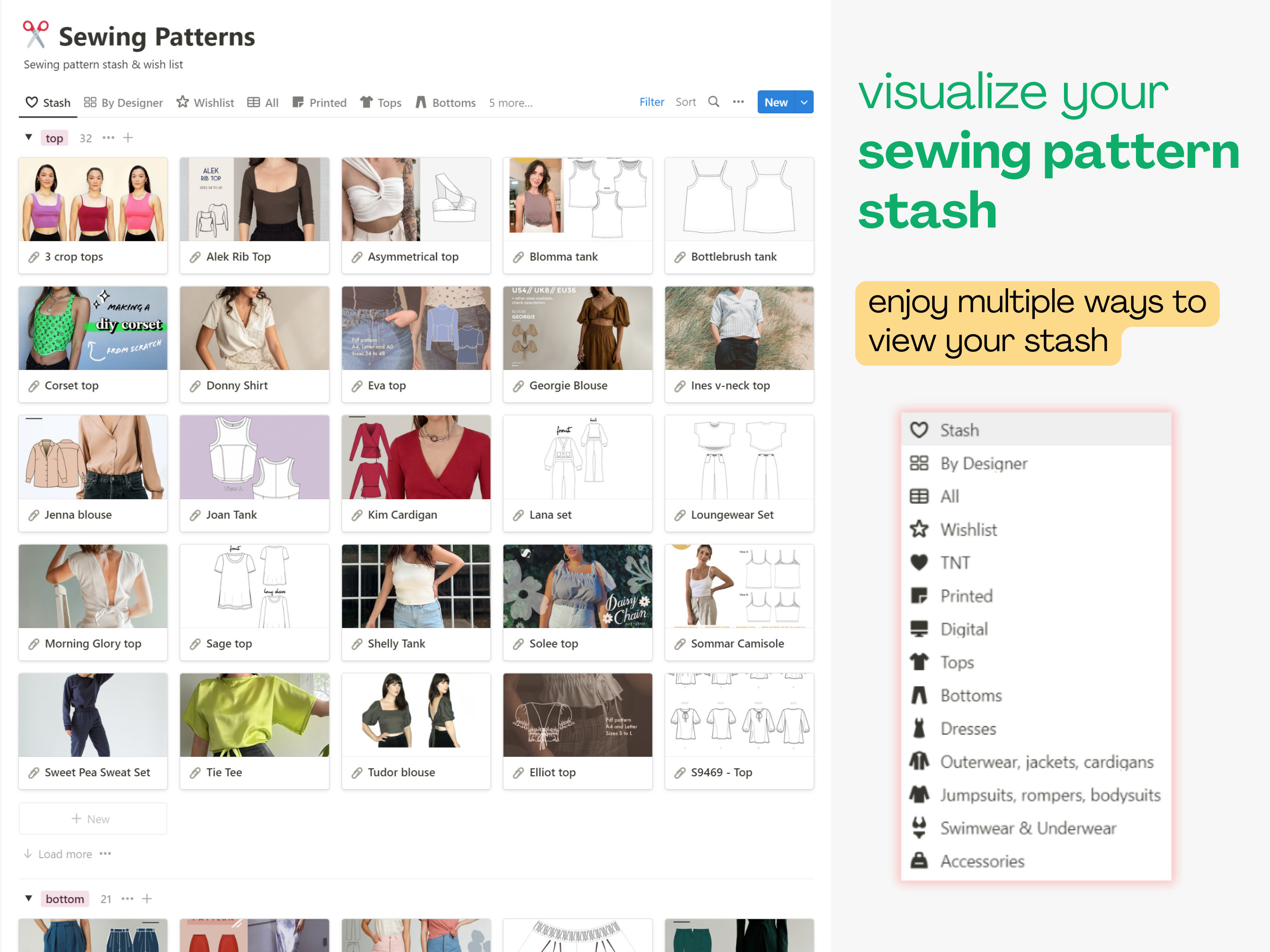 Sewing Patterns Database | Sewing Journal Notion Template Page | Sewing ...
