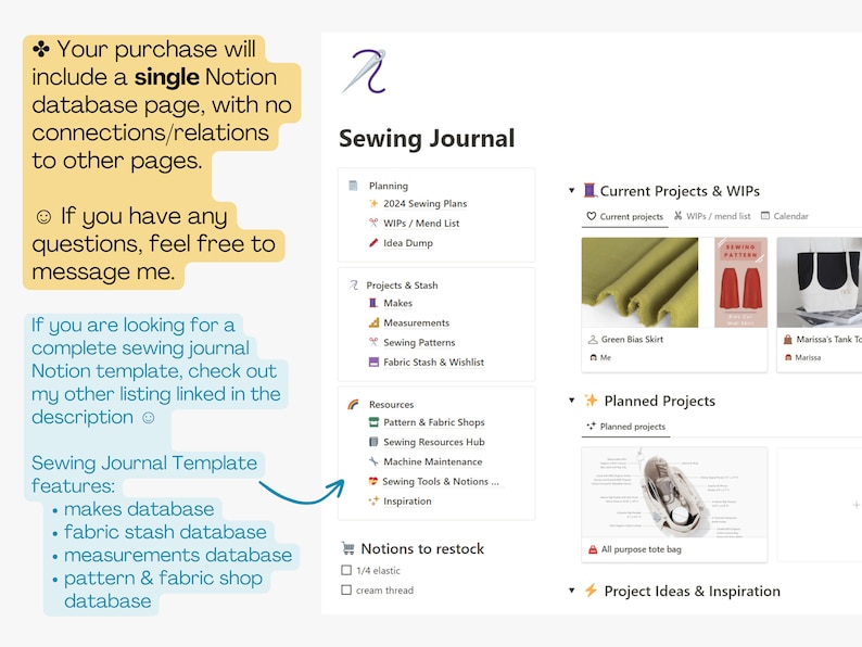 Sewing Patterns Database | Sewing Journal Notion Template Page | Sewing ...