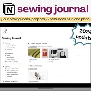 Puede incluir: Una pantalla de computadora portátil que muestra un sitio web llamado "Sewing Journal" con una lista de características que incluyen planificación, proyectos y recursos. El sitio web está diseñado para ayudar a los usuarios a organizar sus proyectos de costura e ideas. El sitio web se actualizó para 2024.