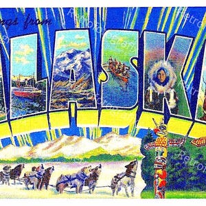 Salutations d'ALASKA - Grande carte postale vintage des années 30 et 40 - Téléchargement numérique instantané - Imprimable - Haute résolution