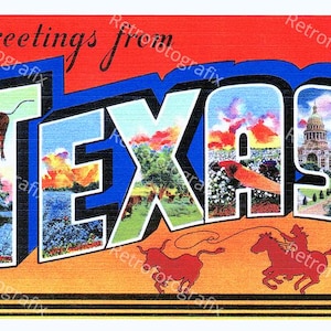 Saluti dal TEXAS - Cartolina d'epoca di grandi dimensioni degli anni '30-'40 - Download digitale immediato - Stampabile - Alta risoluzione