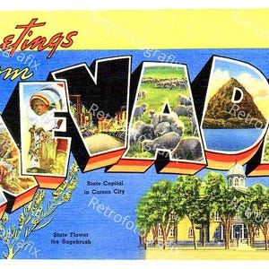 Saudações de NEVADA - Cartão postal vintage de letras grandes dos anos 1930-1940 - Download digital instantâneo - Para impressão - Alta resolução