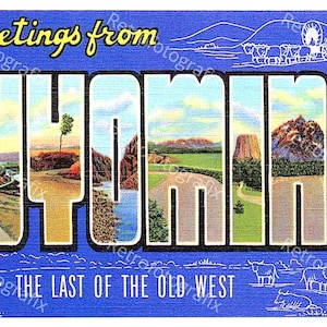 Salutations du WYOMING - grande carte postale vintage lettre des années 30 et 40 - téléchargement numérique instantané - imprimable - haute résolution
