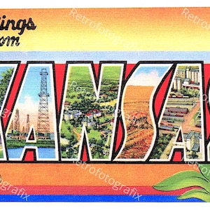 Saudações do KANSAS - Cartão postal vintage de letras grandes dos anos 1930-1940 - Download digital instantâneo - Para impressão - Alta resolução