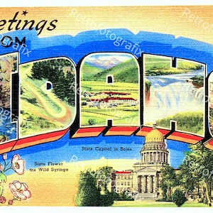 Greetings from IDAHO - Vintage Postkarte aus den 1930er bis 1940er Jahren - Sofortiger digitaler Download - Druckbar - Hohe Auflösung