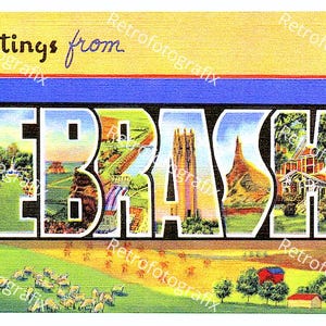 Saluti dal NEBRASKA - Cartolina d'epoca di grandi dimensioni degli anni '30-'40 - Download digitale immediato - Stampabile - Alta risoluzione