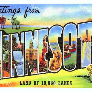 Greetings from MINNESOTA - Vintage Postkarte aus den 1930er bis 1940er Jahren - sofortiger digitaler Download - druckbar - hohe Auflösung