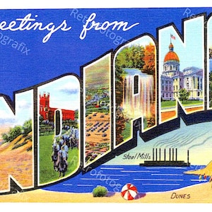 Grüße von INDIANA - Vintage Postkarte aus den 1930er bis 1940er Jahren - Sofortiger digitaler Download - Druckbar - Hohe Auflösung