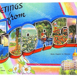 Greetings from GEORGIA - Vintage Postkarte aus den 1930er bis 1940er Jahren - Sofortiger digitaler Download - Druckbar - Hohe Auflösung