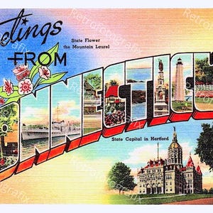 Saluti dal CONNECTICUT - Cartolina d'epoca di grandi dimensioni degli anni '30-'40 - Download digitale immediato - Stampabile - Alta risoluzione