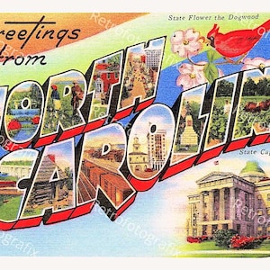 Saluti dalla CAROLINA DEL NORD - Cartolina d'epoca di grandi dimensioni degli anni '30-'40 - Download digitale immediato - Stampabile - Alta risoluzione