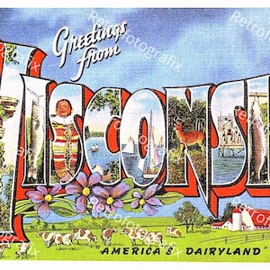 Salutations du WISCONSIN - Grande carte postale vintage des années 30 et 40 - Téléchargement numérique instantané - Imprimable - haute résolution