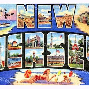 Saluti dal NEW JERSEY - Cartolina d'epoca di grandi dimensioni degli anni '30-'40 - Download digitale immediato - Stampabile - Alta risoluzione