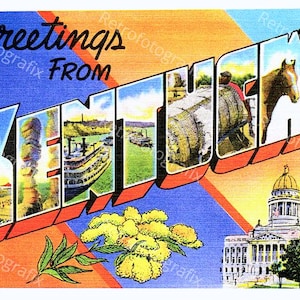 Saluti dal KENTUCKY - Cartolina d'epoca di grandi dimensioni degli anni '30-'40 - Download digitale immediato - Stampabile - Alta risoluzione
