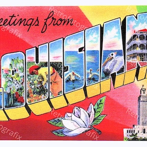 Greetings from LOUISIANA - Vintage Postkarte aus den 1930er bis 1940er Jahren - Sofortiger digitaler Download - Druckbar - Hohe Auflösung