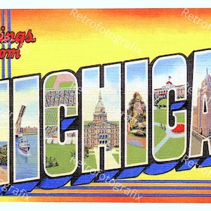 Saluti dal MICHIGAN - Cartolina d'epoca di grandi dimensioni degli anni '30-'40 - Download digitale immediato - Stampabile - Alta risoluzione