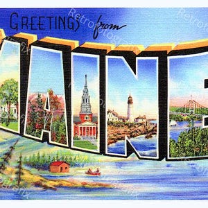 Saluti dal MAINE - Cartolina d'epoca di grandi dimensioni degli anni '30-'40 - Download digitale immediato - Stampabile - Alta risoluzione