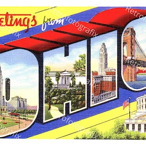 Greetings from OHIO - Vintage Postkarte aus den 1930er bis 1940er Jahren - Sofortiger digitaler Download - Druckbar - Hohe Auflösung