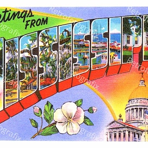 Salutations du MISSISSIPPI - grande carte postale vintage lettre des années 30 et 40 - téléchargement numérique instantané - imprimable - haute résolution