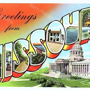 Saluti dal MISSOURI - Cartolina d'epoca di grandi dimensioni degli anni '30-'40 - Download digitale immediato - Stampabile - Alta risoluzione