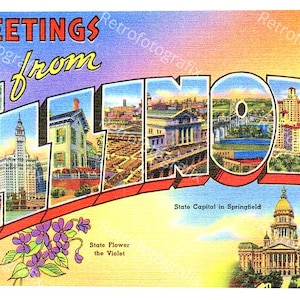 Saluti dall'ILLINOIS - Cartolina d'epoca di grandi dimensioni degli anni '30-'40 - Download digitale immediato - Stampabile - Alta risoluzione