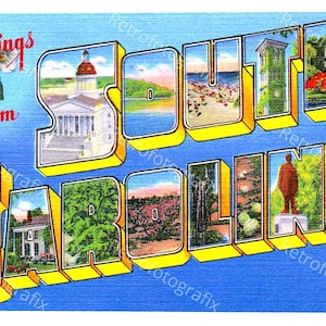 Saluti dalla CAROLINA DEL SUD - Cartolina d'epoca di grandi dimensioni degli anni '30-'40 - Download digitale immediato - Stampabile - Alta risoluzione