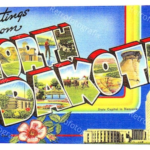 Saluti dal NORTH DAKOTA - Cartolina d'epoca di grandi dimensioni degli anni '30-'40 - Download digitale immediato - Stampabile - Alta risoluzione