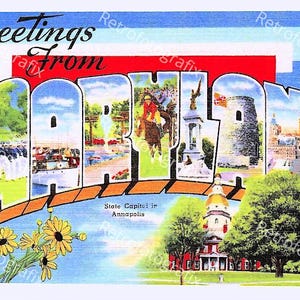 Saluti dal MARYLAND - Cartolina d'epoca di grandi dimensioni degli anni '30-'40 - Download digitale immediato - Stampabile - Alta risoluzione