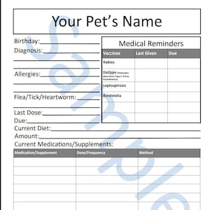 Pet Health Reminders l Pet Sitter Information Sheet