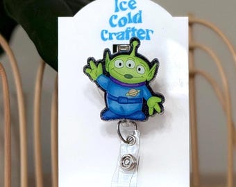 Alien Badge Reel with Optional Charms (pizza, pizza box, claw- read description)