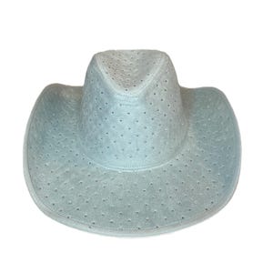 May include: A light blue cowboy hat with a suede-like texture. The hat features a rounded crown and a wide brim. Small, evenly spaced perforations cover the entire surface of the hat, adding a decorative element. The hat is set against a white background.
