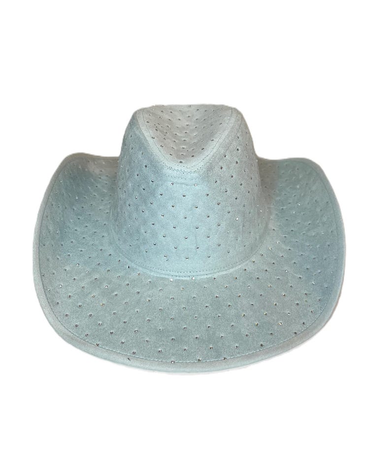 May include: A light blue cowboy hat with a suede-like texture. The hat features a rounded crown and a wide brim. Small, evenly spaced perforations cover the entire surface of the hat, adding a decorative element. The hat is set against a white background.