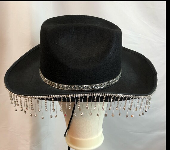 Black felt wide brim hat with rhinestone details Classic Felt-Western-Cowboy-Cowgirl-Hats for Large, Black  main image 4