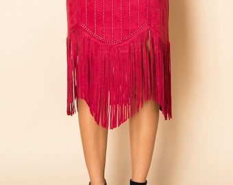 High Waisted Fringe Skirt – Laser Cut Suede Feel Rodeo Fashion
