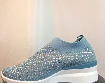 Rhinestone Wedge Sneakers – Knit Slip-On Platform Walking Shoes