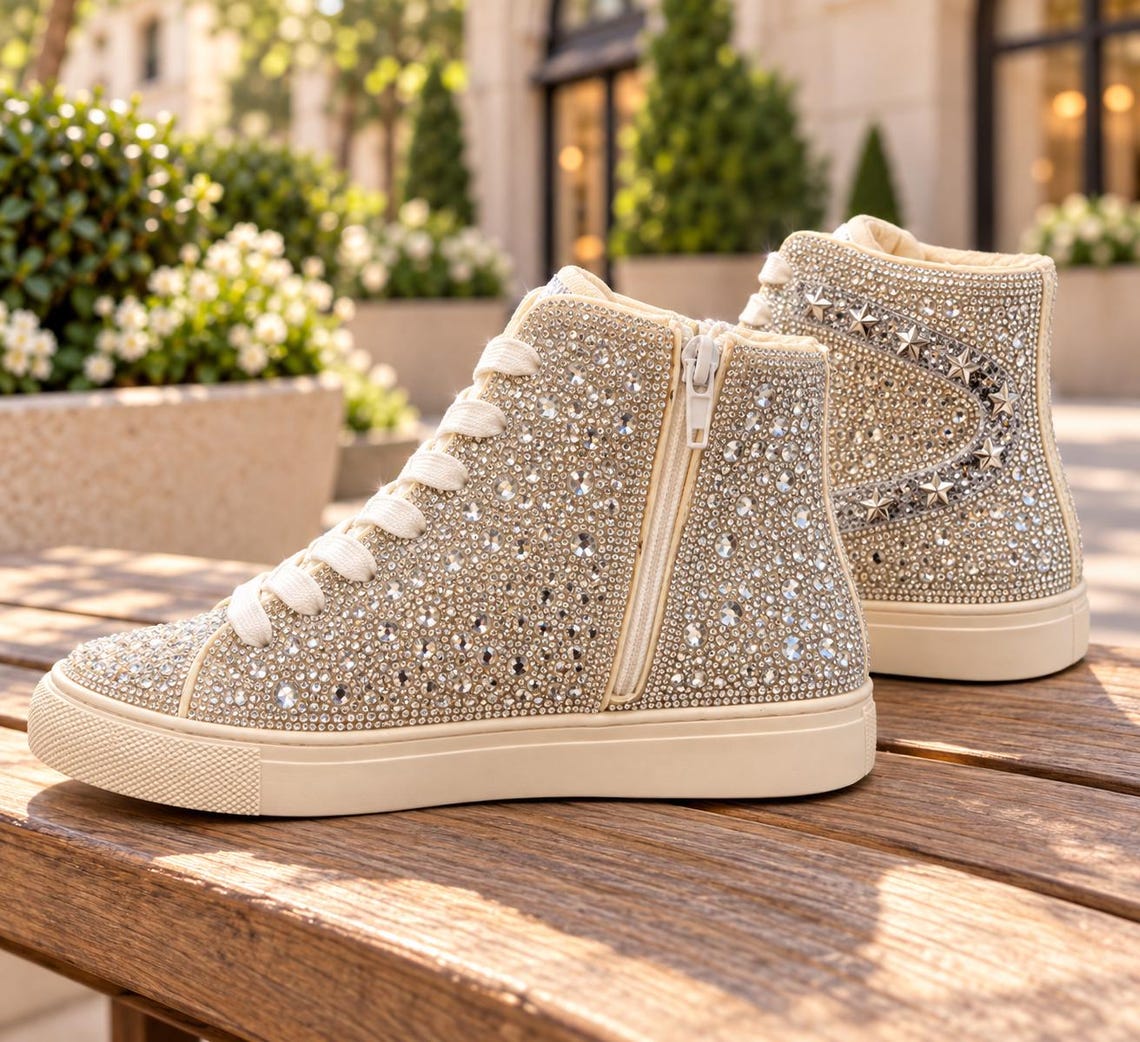 Luxury Rhinestone High Top Sneakers – Silver Crystal Star Studded Designer Inspired Shoes – Hey Girl – Bling Platform Tennis Shoes, foto 1 di 4