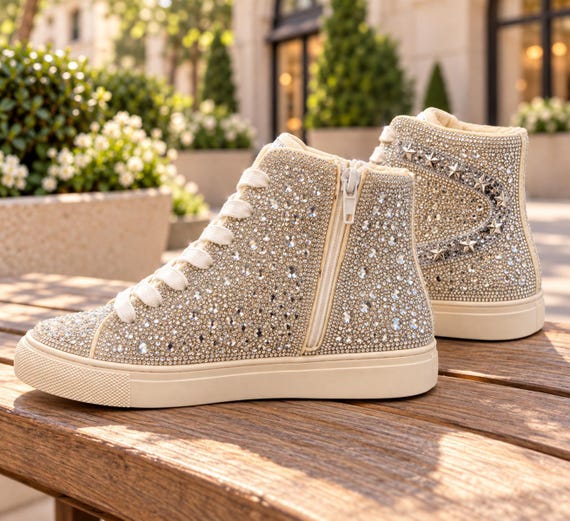 Luxury Rhinestone High Top Sneakers – Silver Crystal Star Studded Designer Inspired Shoes – Hey Girl – Bling Platform Tennis Shoes