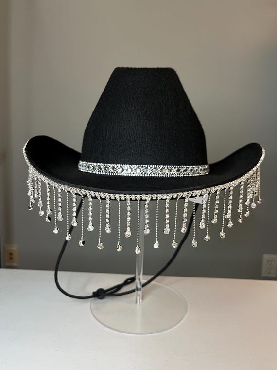 Black felt wide brim hat with rhinestone details Classic Felt-Western-Cowboy-Cowgirl-Hats for Large, Black  main image 2