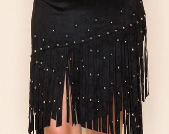Suede Fringe Studded Skirt
