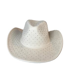 May include: A white cowboy hat with a wide brim and a rounded crown. The hat is adorned with small, evenly spaced rhinestones. The hat is made of a soft, suede-like material.