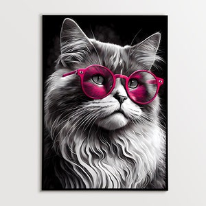 Gato, arte imprimible, arte de pared imprimible, impresión de arte moderno, animal con gafas, animal en blanco y negro, impresión de arte animal, gato con gafas