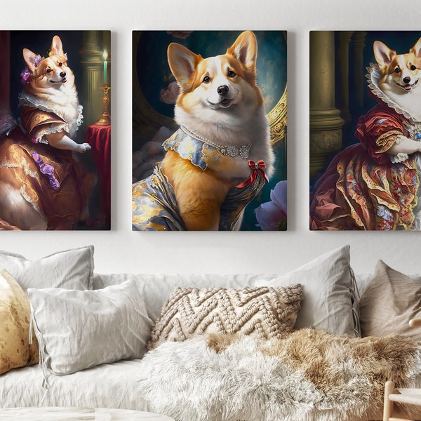 Set of 3 Elegant corgis funny haute couture printable wall art digital download printable art